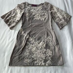 Sweet Sinammon Grey Linen Blend Floral Embroidered Mini Sheath Dress